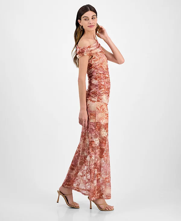 14th Place Juniors' Sheer Floral-Print Off-The-Shoulder Dress