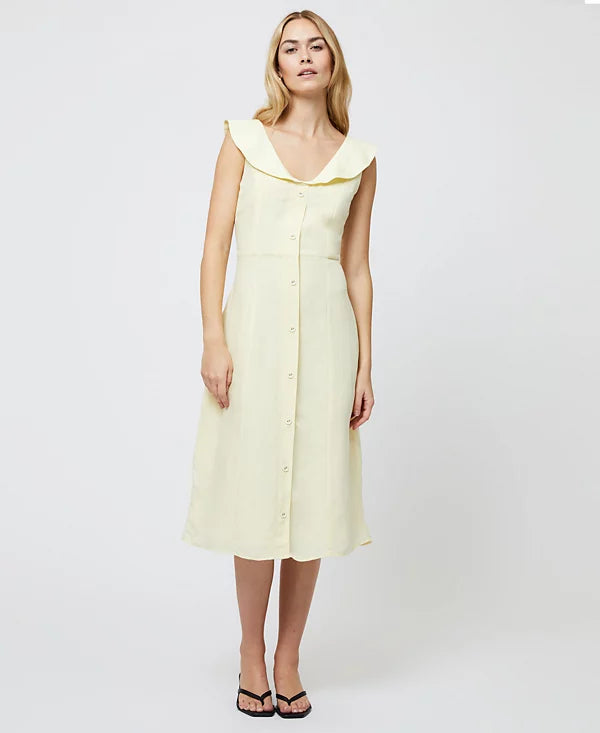 French Connection Women's Birdie Butter Yellow Linen Collared Midi Dress
