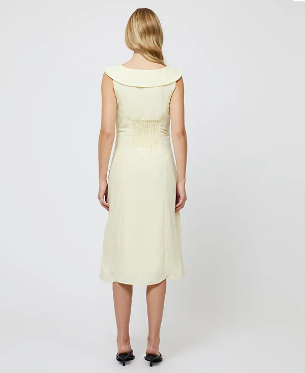 French Connection Women's Birdie Butter Yellow Linen Collared Midi Dress