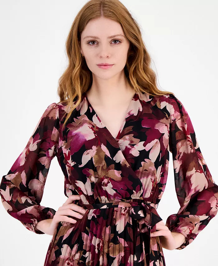 Sandra Darren Petite Surplice-Neck Pleated Maxi Dress