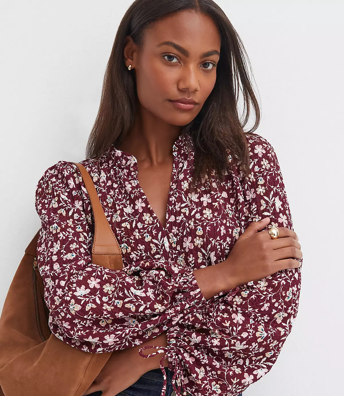 LOFT Floral Ruffle Tie Cuff Top
