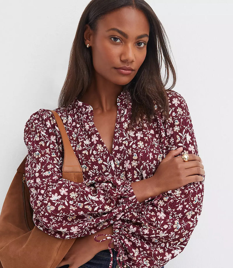 LOFT Floral Ruffle Tie Cuff Top