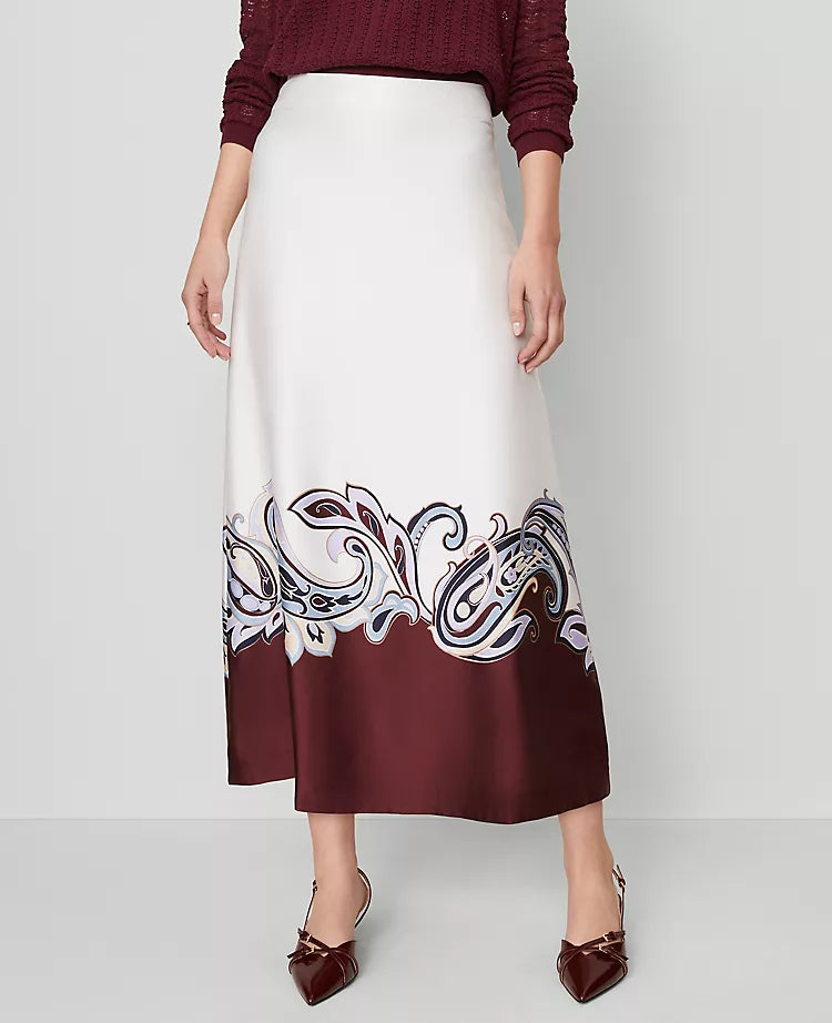 Ann Taylor Paisley Satin Midi Skirt