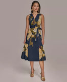 Donna Karan New York Women's Printed Sleeveless Faux-wrap V-neck Pleated Dress
