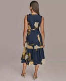 Donna Karan New York Women's Printed Sleeveless Faux-wrap V-neck Pleated Dress
