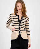 T Tahari Women's Striped Crewneck Cardigan